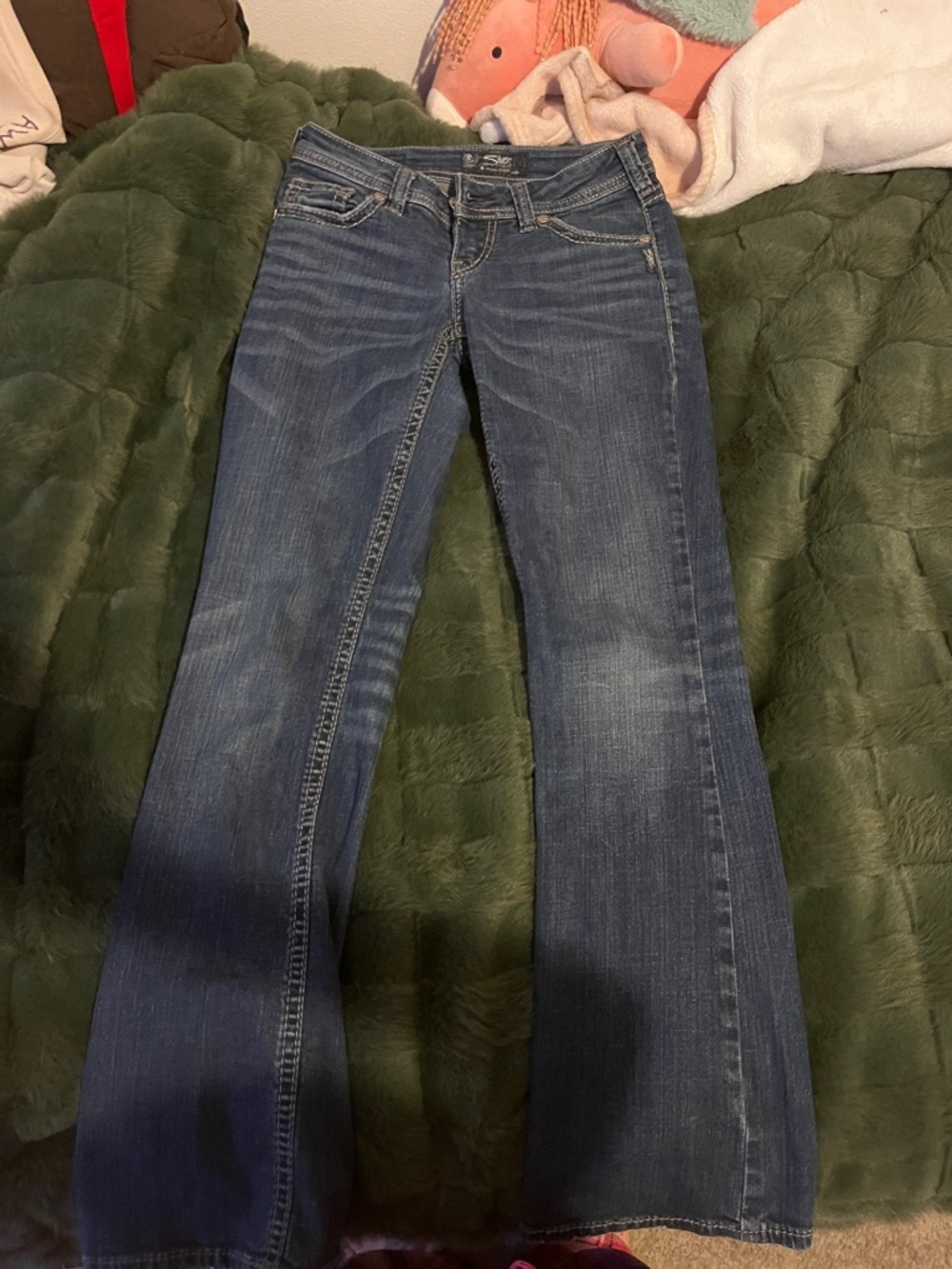 Silver Dark Blue Flare Jeans Women's Denim